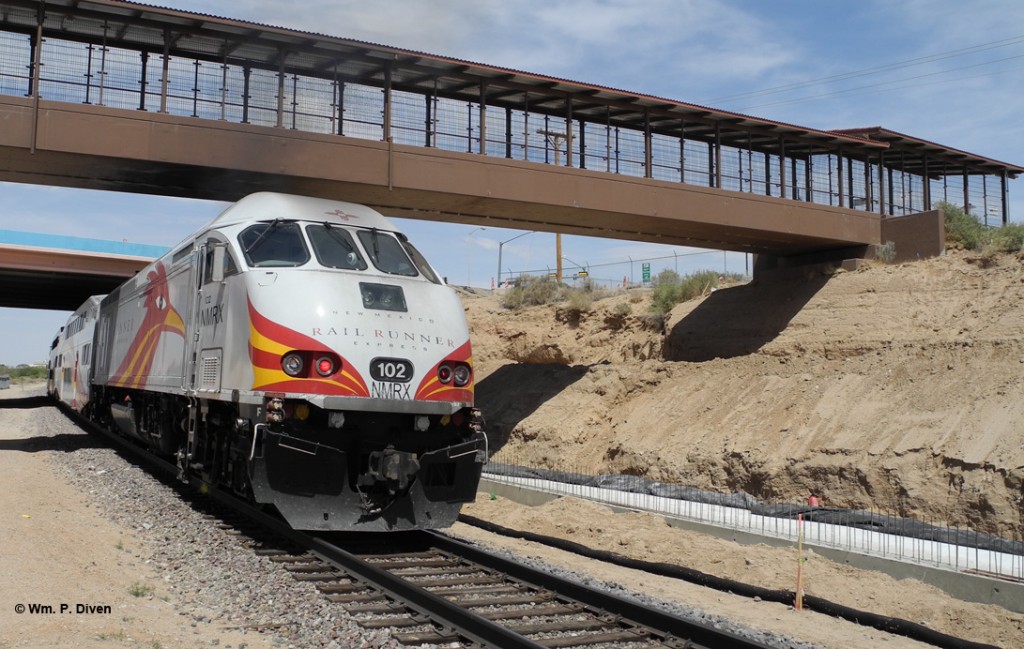 A Rail Runner Express train operating in push mode and bound for Santa Fe departs Bernalillo, N.M., on May 5, 2013.