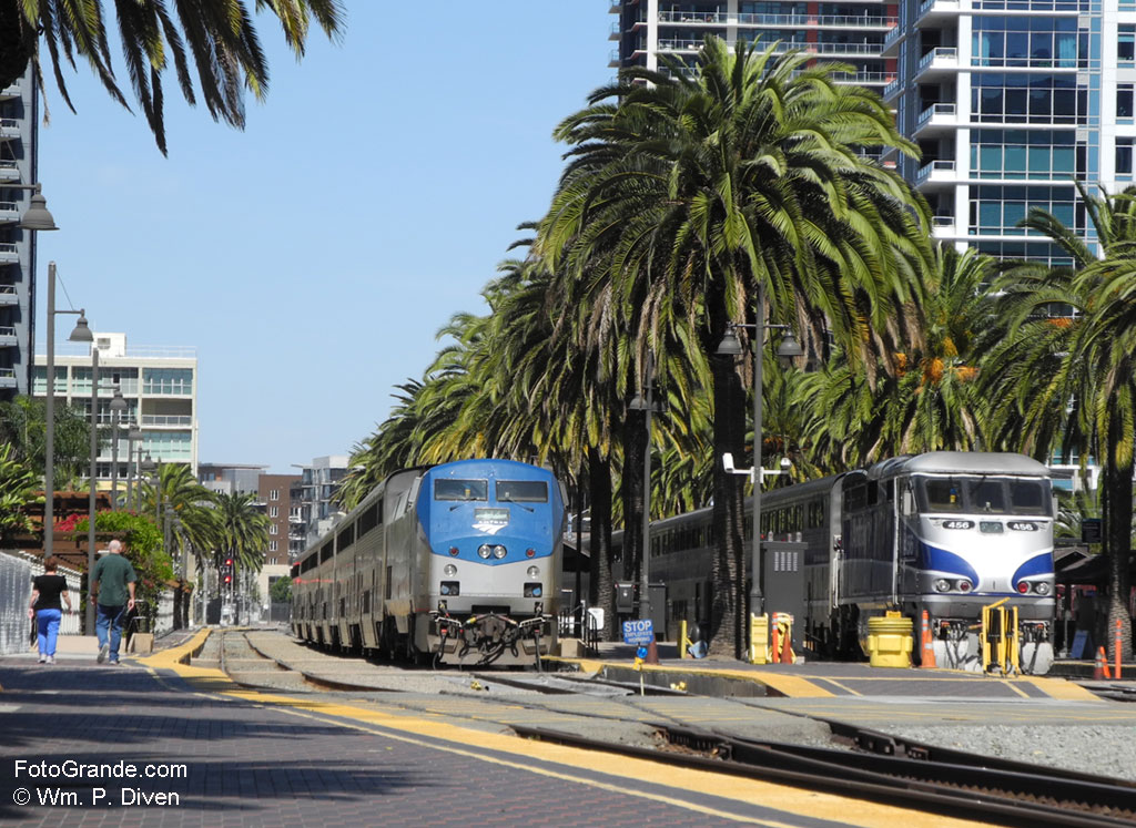 Amtrak and Coaster trains idle in San Diego, Calif. © William P. Diven