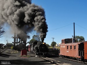 The morning train blasts out of Chama, N.M. heading for 10,2015-foot Cumbres Pass in Colorado. Photo © William P. Diven.