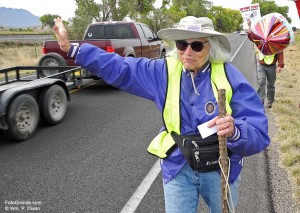 Sally-Alice Thompson on the march nearing Algodones, N.M. Photo © William P. Diven. (This photo also appeared in the Sandoval Signpost, Placitas, N.M.)