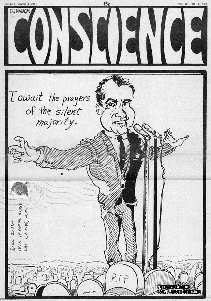 NMA&M Conscience, v. 2, no. 5, Nov. 12-Dec. 2, 1969. Author's collection. The title reflects an earlier name for New Mexico State University: New Mexico College of Agriculture and Mechanic Arts.