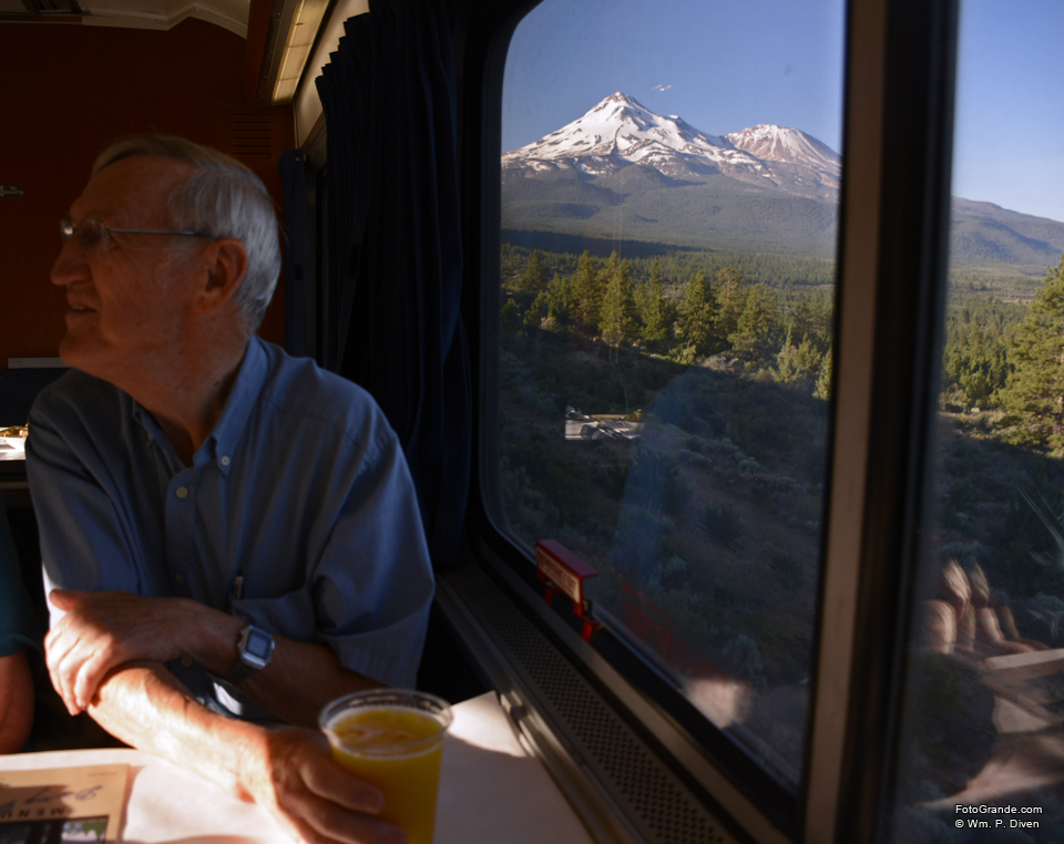 Breakfast on the northbound Starlight in 2015 came with a view of Mount Shasta. Photo © William P. Diven. (Click to enlarge.)