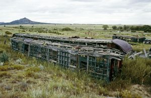 Derelict passenger and freight cars mark the site of Colfax, N.M., once the junction of two railroads.